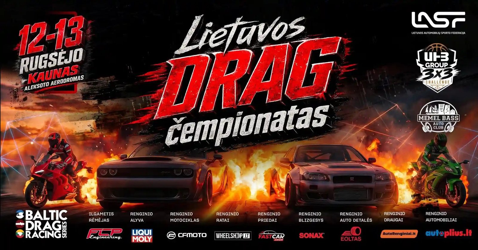Lietuvos DRAG čempionato finalai Kaune · Automobiliai ir motociklai — plakatas