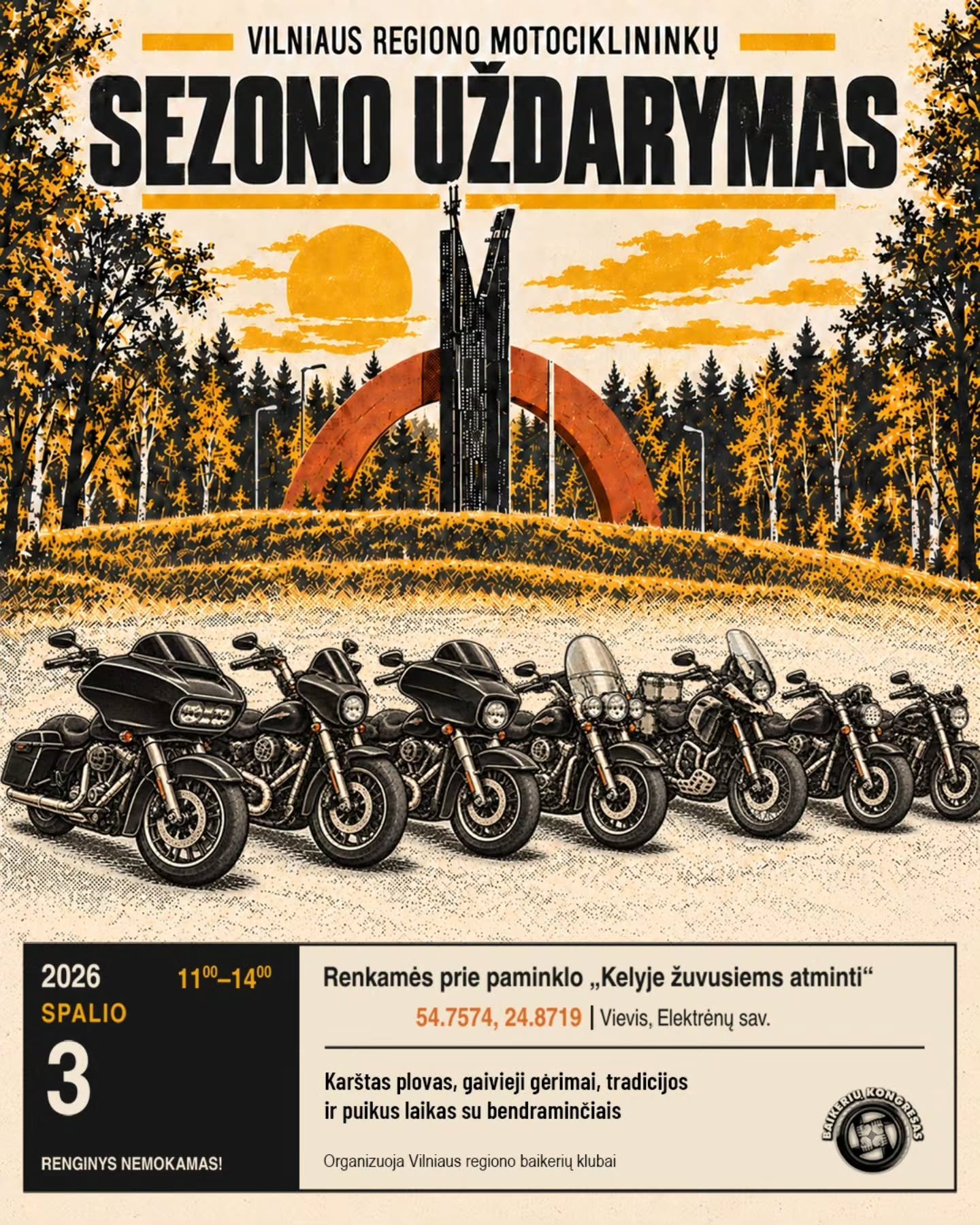 Vilniaus regiono motociklininkų sezono uždarymas · Vilniaus moto sezonas — plakatas